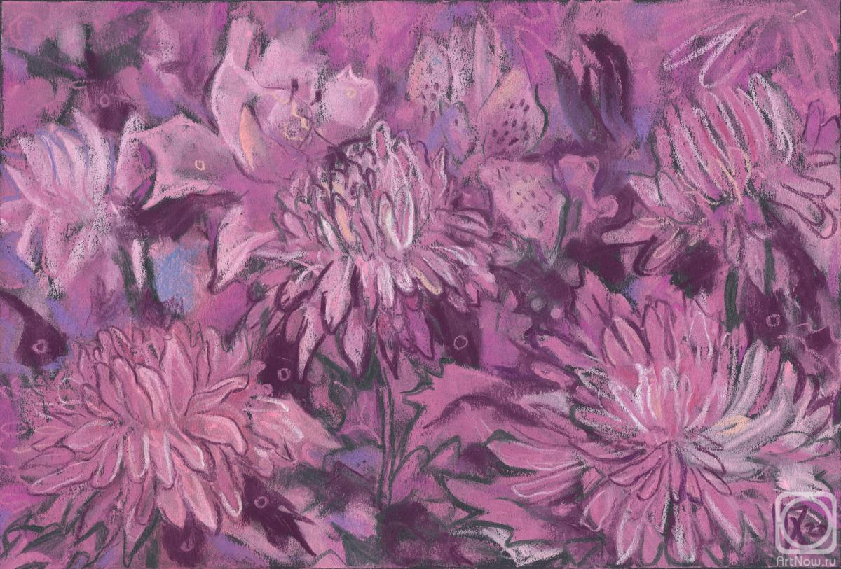 Horoshih Yuliya. Chrysanthemum Abstraction, Abstract Floral, Pastel Painting, Pink Burgundy