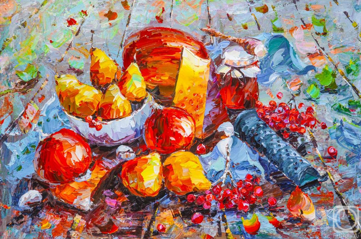 Rodries Jose. Fruits of autumn. Still life with apples, pears, mountain ash and honey