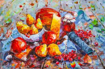 Fruits of autumn. Still life with apples, pears, mountain ash and honey (Painting With Pears). Rodries Jose