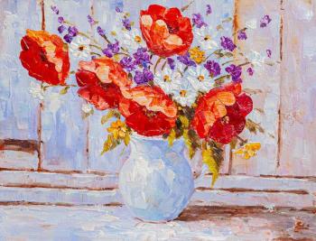 Bouquet with poppies in a white jug N2