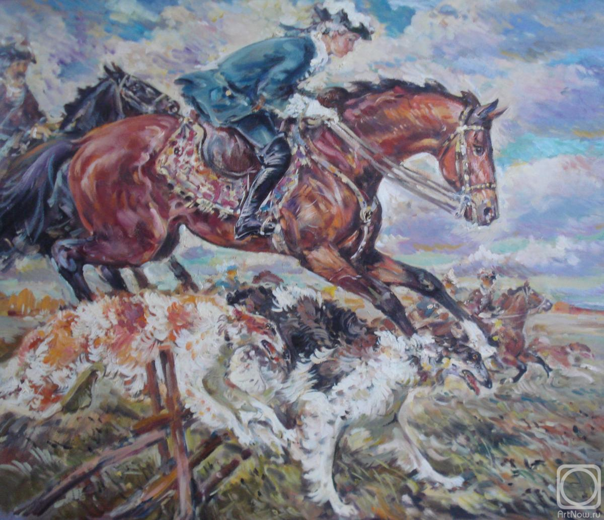 Bastrykin Viktor. Hunting with greyhounds, riding hunting, greyhounds in flight