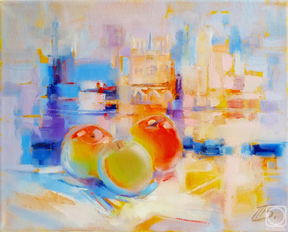 Bugaenko Tatiana. Apples in the city of Paris and Notre dame cathedral