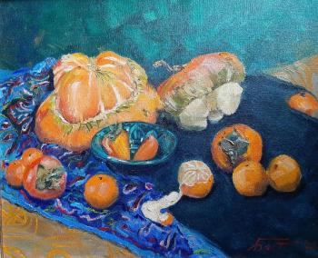 Still life with pumpkins and persimmons. Baltrushevich Elena