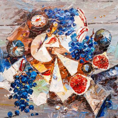 Still life with cheese, figs and grapes. Rodries Jose