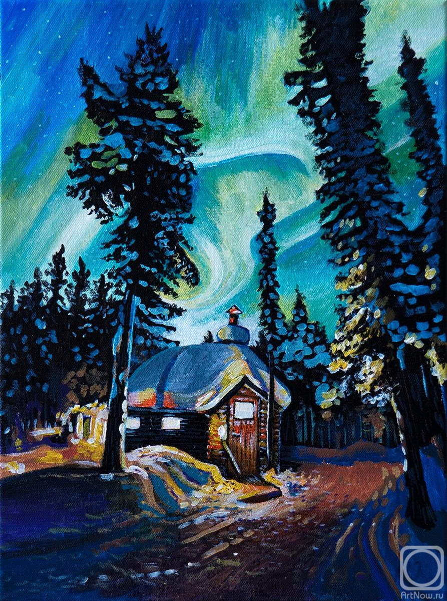 Korchinov Anatoliy. House in the forest and northern lights