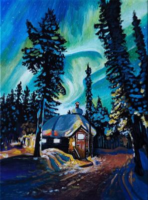House in the forest and northern lights. Korchinov Anatoliy