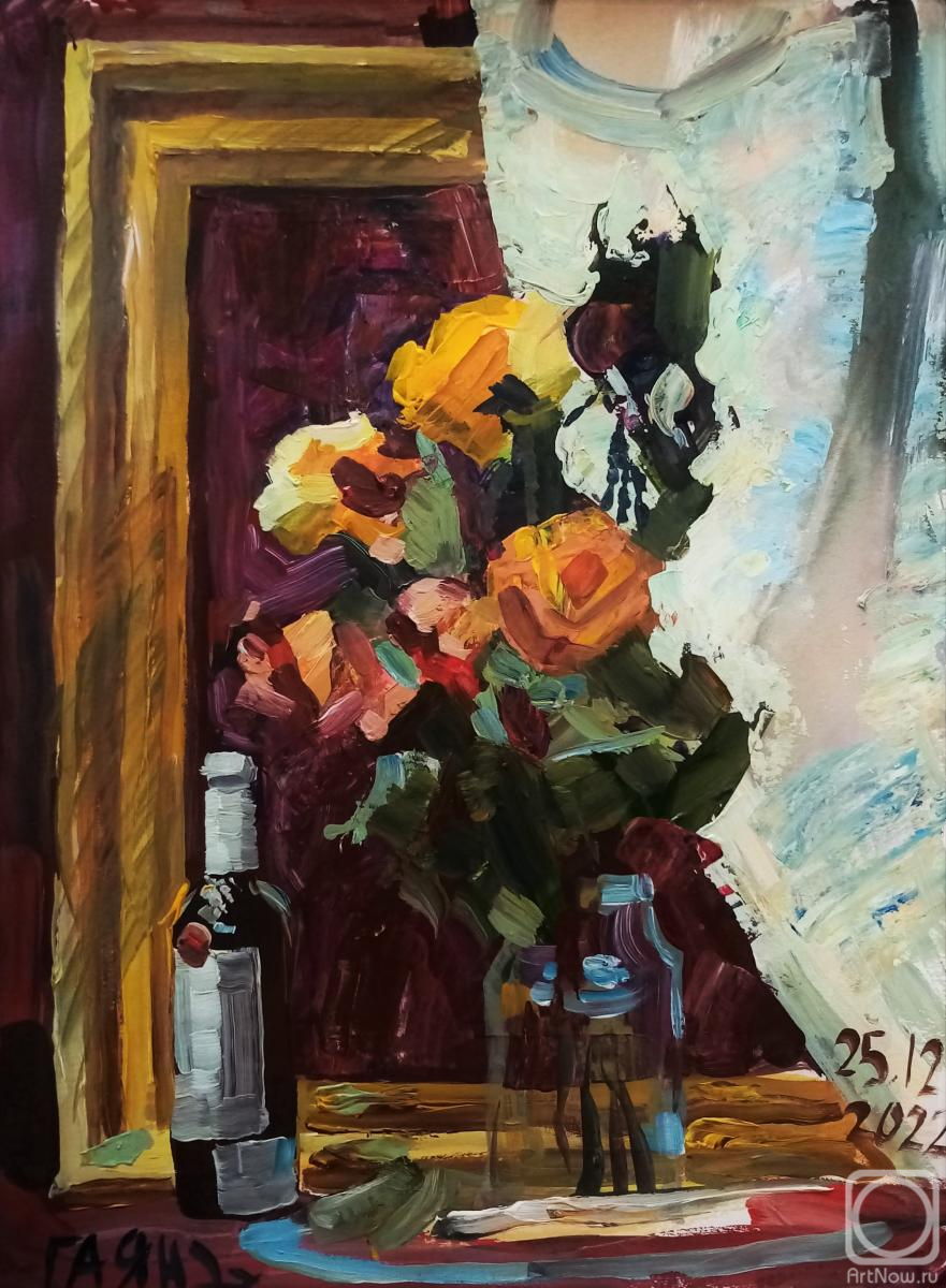 Dobrovolskaya Gayane. Roses, bottle and golden frame