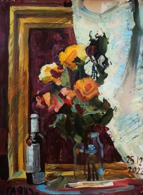 Roses, bottle and golden frame (A Bottle Of Wine). Dobrovolskaya Gayane