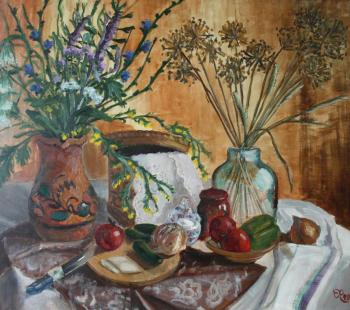 Still life with wild flowers and vegetables. Olshevskaya Elena