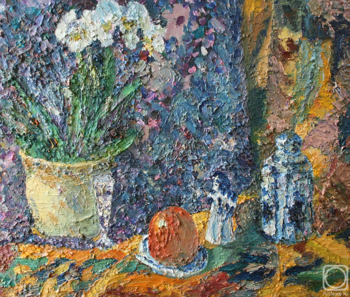 Olshevskaya Elena. Still life with orchid, persimmon and Gzhel ceramics