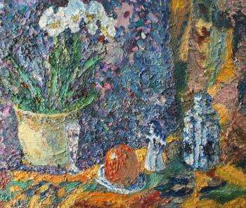 Still life with orchid, persimmon and Gzhel ceramics. Olshevskaya Elena