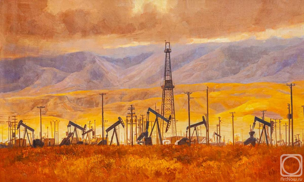 Kamskij Savelij. Oil rigs against the backdrop of mountains