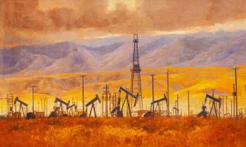 Oil rigs against the backdrop of mountains. Kamskij Savelij