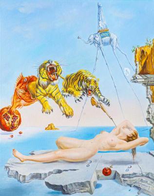 Copy of the painting by Salvador Dali. Dream caused by the flight of a bee around a pomegranate a second before awakening (Bee Painting). Kamskij Savelij