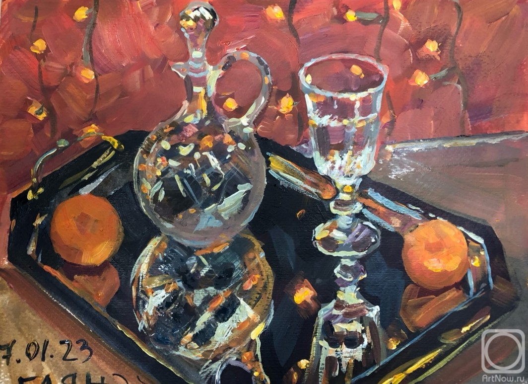 Dobrovolskaya Gayane. Tray, decanter, glass, tangerines and light bulbs