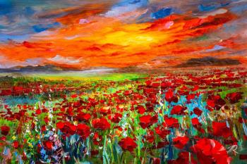 Scarlet sunset over a poppy field (Poppy Oil Canvas). Rodries Jose