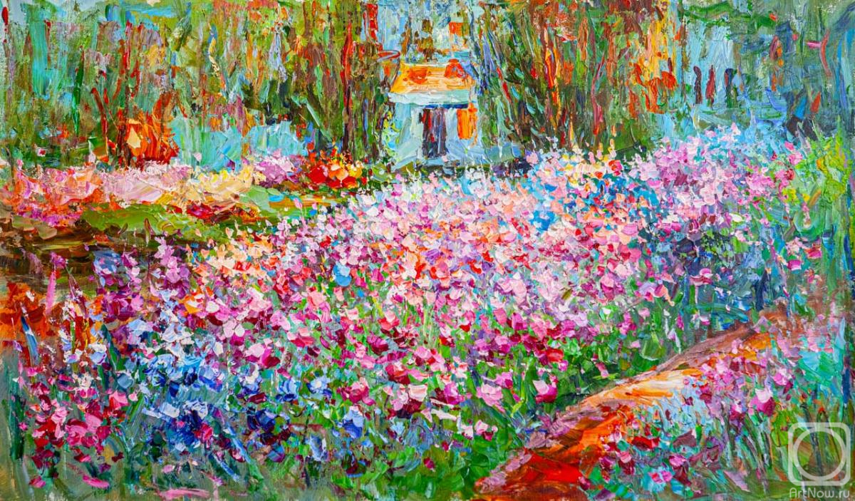 Rodries Jose. A free copy of the painting by Claude Monet. Irises in Monet's garden
