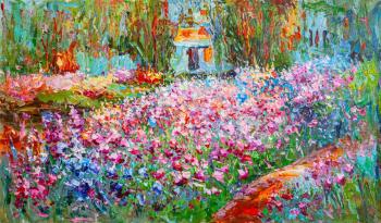 A free copy of the painting by Claude Monet. Irises in Monet's garden
