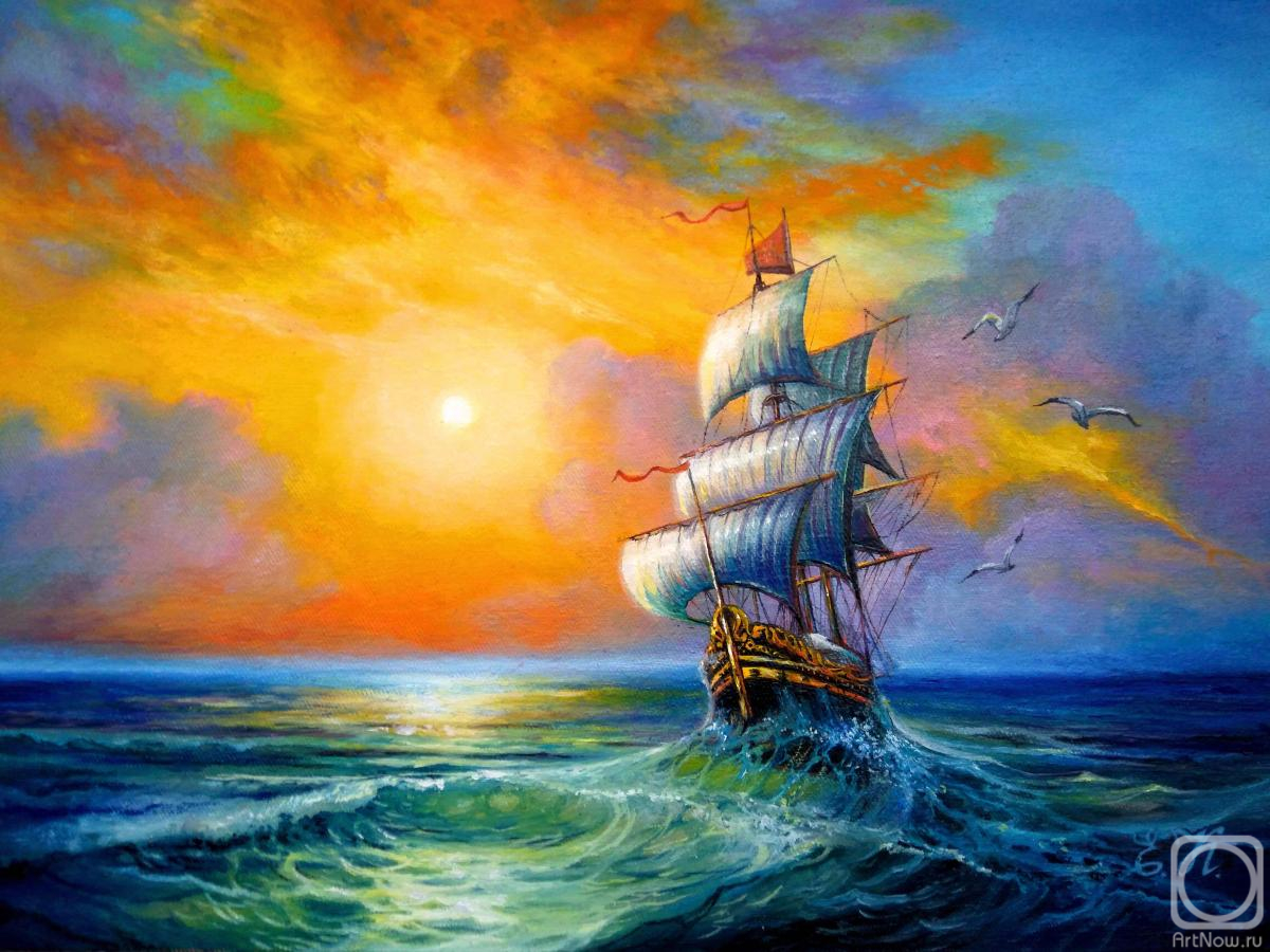 Korableva Elena. Sailing ship in the sea