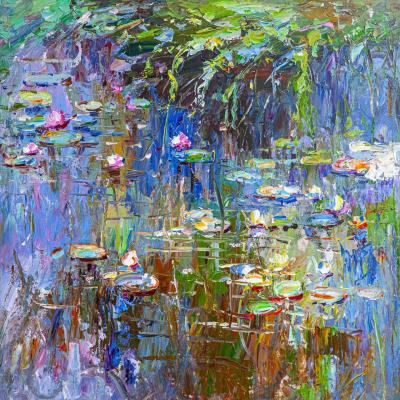 A free copy of the painting by Claude Monet. Water lilies, yellow and purple, 1917