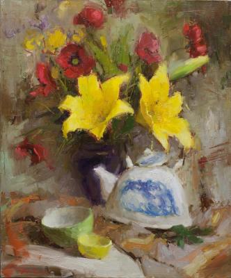 Lilies and a white kettle