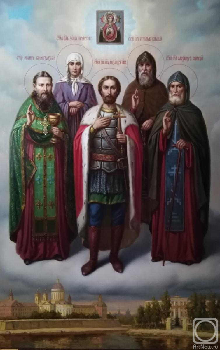 Mukhin Boris. Icon of saints: St. Ioann of Kronstadt, St. Xenia of Petersburg, St. Alexander Nevsky, St. Seraphim Vyritsky, St. Alexander Svirsky