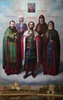 Icon of saints: St. Ioann of Kronstadt, St. Xenia of Petersburg, St. Alexander Nevsky, St. Seraphim Vyritsky, St. Alexander Svirsky. Mukhin Boris