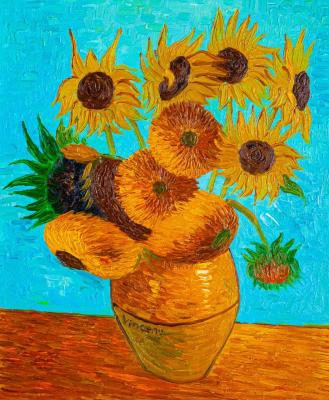 Copy of Van Gogh's painting. Vase with twelve sunflowers, 1888.