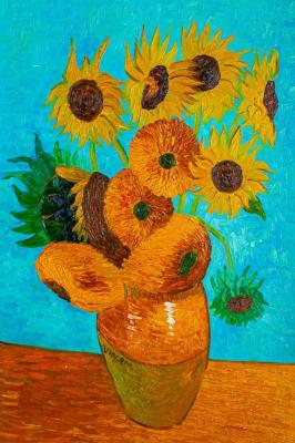 A copy of Van Gogh's painting. Vase with twelve sunflowers, 1888