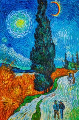 Copy of Van Gogh paintings. The road with cypress and star