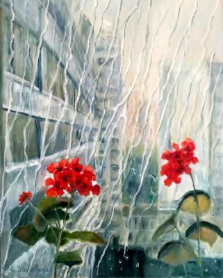 It's raining outside the window (Geranium On Window). Savelyeva Elena