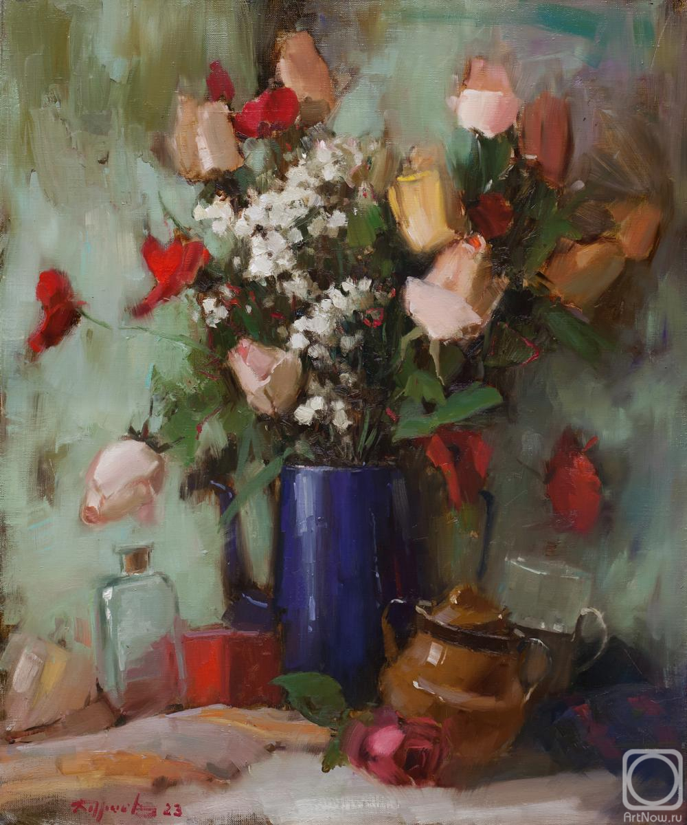 Burtsev Evgeny. Still life with roses and blue kettle