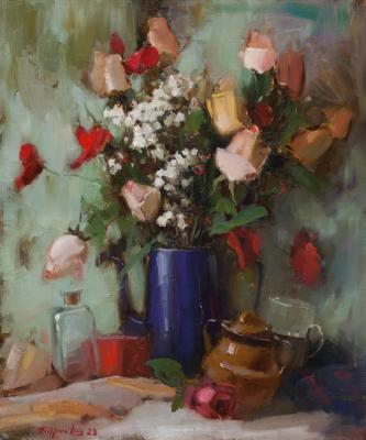 Still life with roses and blue kettle