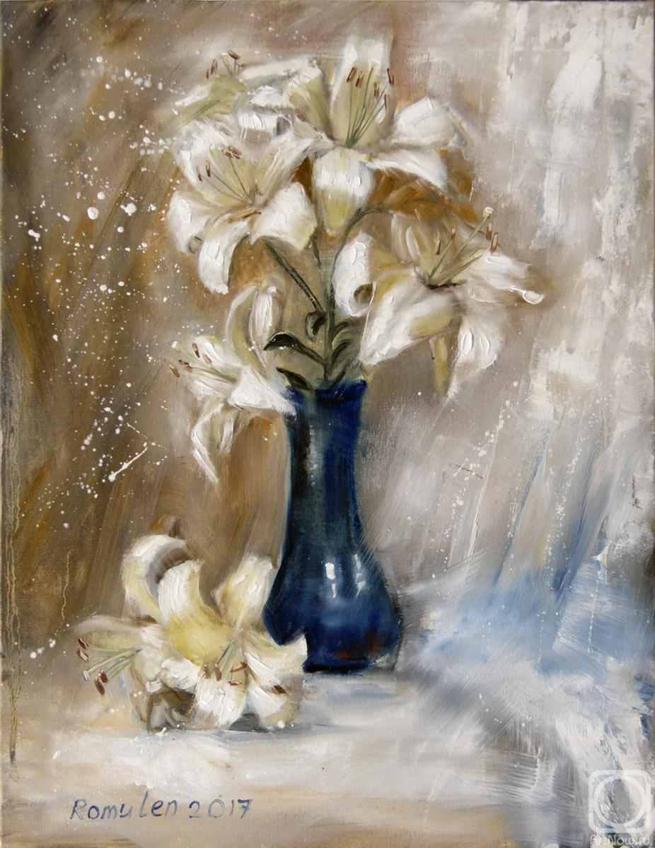 Rakhmatulin Roman. "White flowers in a blue vase"