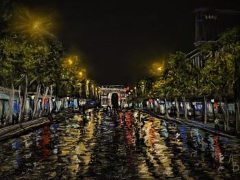 Night, Paris, Champs-Elysees. The rain has just stopped