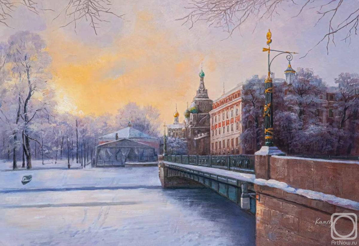 Kamskij Savelij. Frosty dawn. View of the Church of the Savior on Spilled Blood from the embankment