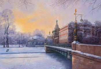 Frosty dawn. View of the Church of the Savior on Spilled Blood from the embankment. Kamskij Savelij