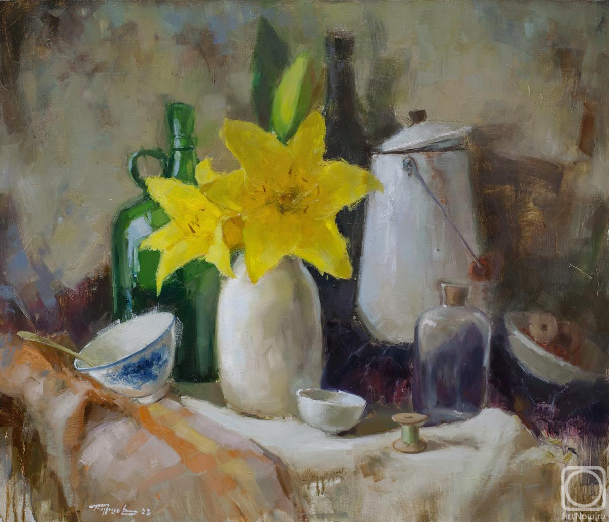 Burtsev Evgeny. Still life with lilies and dishes