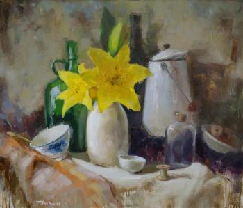 Still life with lilies and dishes