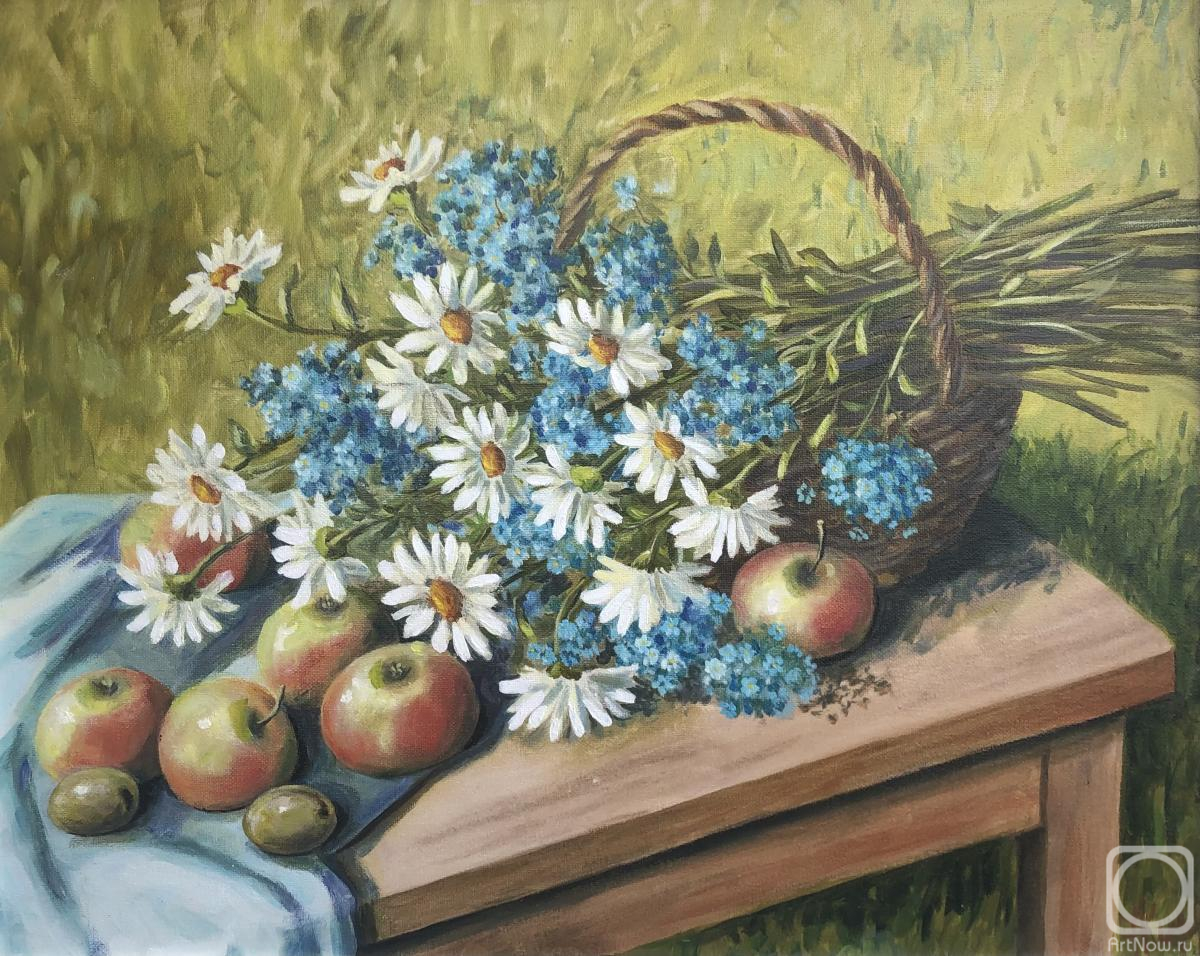 Kirilina Nadezhda. Still life with daisies and forget-me-nots