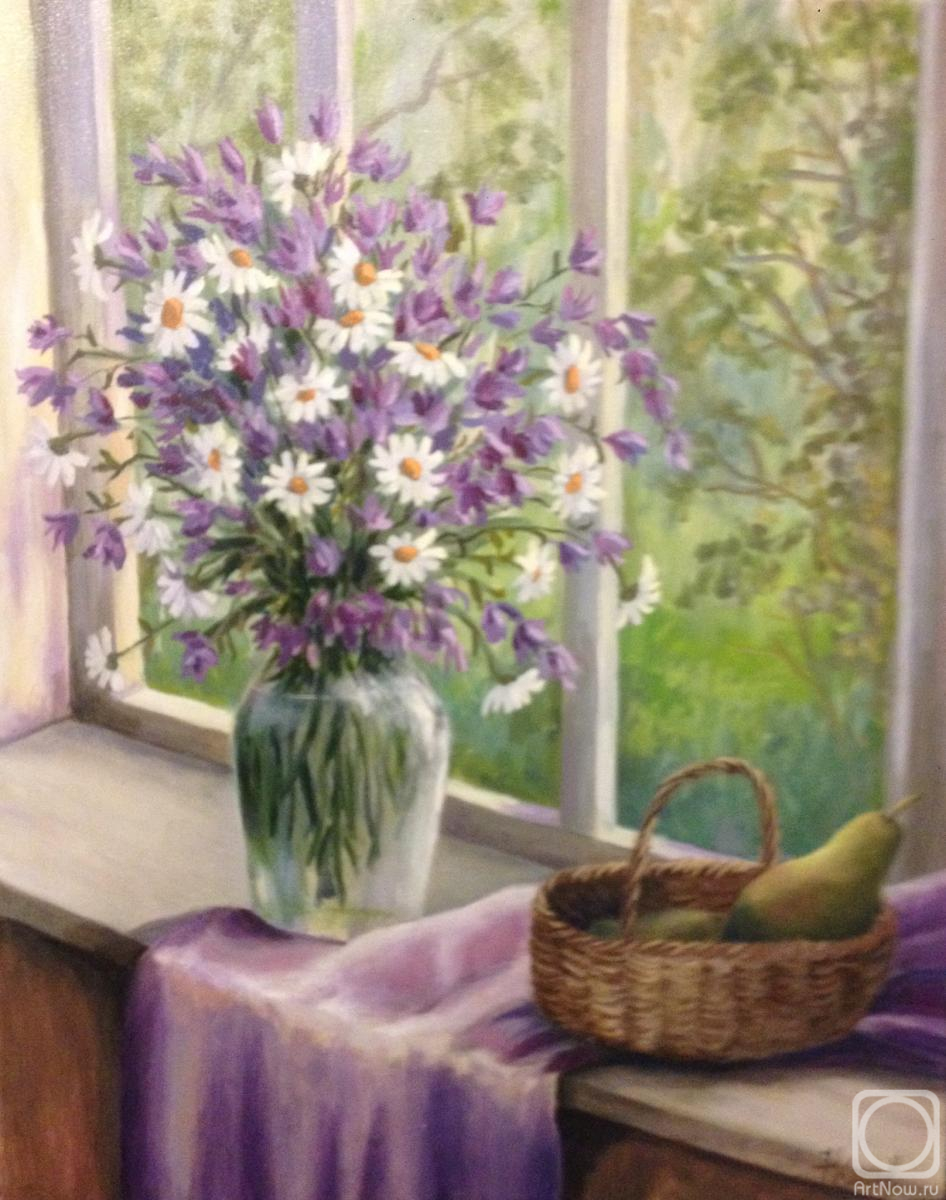 Kirilina Nadezhda. Still life on the windowsill with a bouquet of flowers and pears