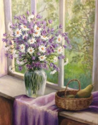 Still life on the windowsill with a bouquet of flowers and pears (Bouquet From Fruit). Kirilina Nadezhda
