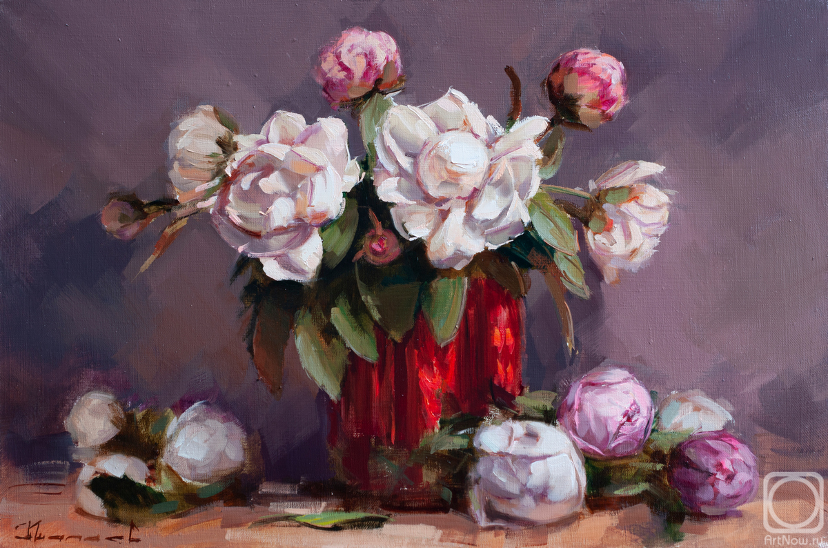 Shalaev Alexey. Peonies in a red Chinese vase