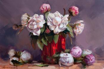 Peonies in a red Chinese vase