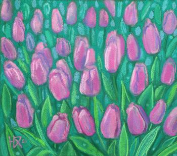 Pink Tulips Field, Spring Flowers Floral Painting (Mint Purple). Horoshih Yuliya