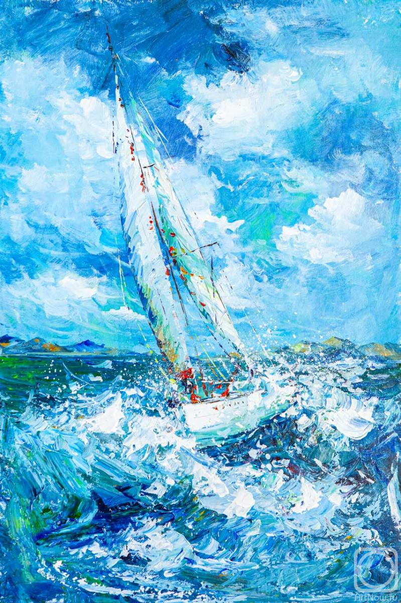 Rodries Jose. White Yacht in the spray of the waves