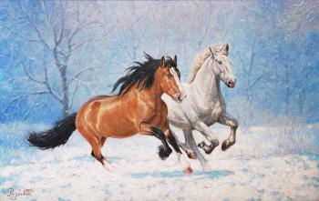 The horses are rushing fast through the first snow. Razzhivin Igor