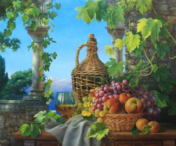 Still life with homemade wine and fruit. Bochkaryov Dmitriy