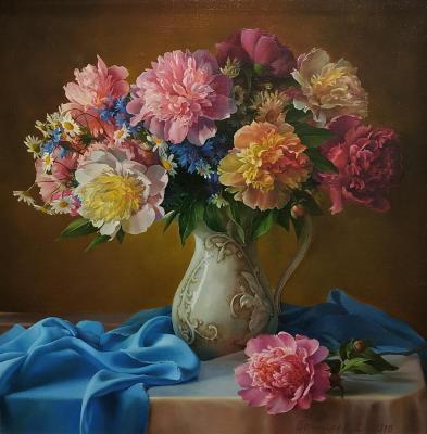 Peonies in a vase with wildflowers. Bochkaryov Dmitriy
