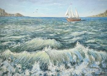 Seascape with a sailboat (Painting With Mountains). Kirilina Nadezhda